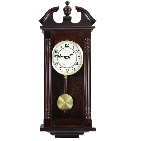 Bedford Clock Collection 27.5 in. Classic Chiming Wall Clock with Swinging Pendulum, Cherry Oak Finish BE336147 - main